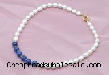 CFN403 9-10mm rice white freshwater pearl & lapis lazuli necklace