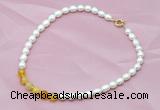 CFN405 9-10mm rice white freshwater pearl & yellow banded agate necklace