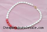 CFN406 9-10mm rice white freshwater pearl & red banded agate necklace