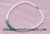 CFN407 9-10mm rice white freshwater pearl & green banded agate necklace