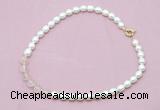 CFN414 9 - 10mm rice white freshwater pearl & rose quartz necklace