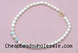 CFN415 9 - 10mm rice white freshwater pearl & morganite necklace