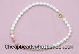 CFN417 9 - 10mm rice white freshwater pearl & pink opal necklace