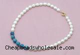 CFN419 9 - 10mm rice white freshwater pearl & apatite necklace