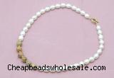 CFN425 9 - 10mm rice white freshwater pearl & yellow crazy lace agate necklace