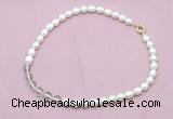 CFN431 9 - 10mm rice white freshwater pearl & white crystal necklace