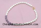 CFN432 9 - 10mm rice white freshwater pearl & amethyst gemstone necklace