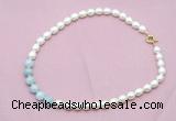 CFN435 9 - 10mm rice white freshwater pearl & aquamarine gemstone necklace