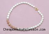 CFN436 9 - 10mm rice white freshwater pearl & moonstone gemstone necklace