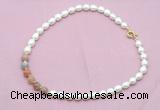 CFN437 9 - 10mm rice white freshwater pearl & rainbow moonstone necklace