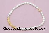 CFN442 9 - 10mm rice white freshwater pearl & honey jade necklace