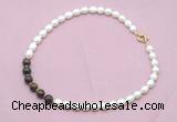 CFN446 9 - 10mm rice white freshwater pearl & bronzite gemstone necklace