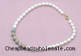 CFN457 9 - 10mm rice white freshwater pearl & serpentine jasper necklace