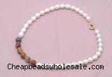 CFN460 9 - 10mm rice white freshwater pearl & picasso jasper necklace