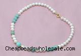 CFN505 Potato white freshwater pearl & amazonite necklace, 16 - 24 inches