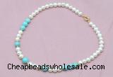 CFN519 9mm - 10mm potato white freshwater pearl & blue howlite necklace