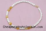 CFN522 9mm - 10mm potato white freshwater pearl & yellow banded agate necklace