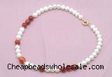 CFN544 9mm - 10mm potato white freshwater pearl & red banded agate necklace