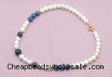 CFN551 9mm - 10mm potato white freshwater pearl & dumortierite necklace