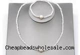 CFN601 4mm faceted round white moonstone & potato white freshwater pearl jewelry set