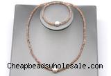 CFN602 4mm faceted round orange moonstone & potato white freshwater pearl jewelry set