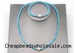 CFN617 4mm faceted round turquoise & potato white freshwater pearl jewelry set