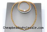 CFN622 4mm faceted round yellow jade & potato white freshwater pearl jewelry set