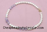 CFN708 9mm - 10mm potato white freshwater pearl & lavender amethyst necklace