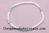 CFN716 9mm - 10mm potato white freshwater pearl & aquamarine necklace