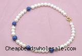 CFN724 9mm - 10mm potato white freshwater pearl & lapis lazuli necklace