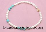 CFN725 9mm - 10mm potato white freshwater pearl & blue howlite necklace