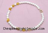 CFN729 9mm - 10mm potato white freshwater pearl & yellow banded agate necklace