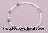 CFN742 9mm - 10mm potato white freshwater pearl & blue spot stone necklace