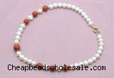 CFN755 9mm - 10mm potato white freshwater pearl & red jasper necklace