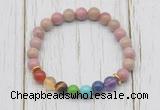 CGB6231 8mm pink wooden jasper 7 chakra beaded mala stretchy bracelets