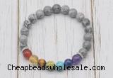 CGB6234 8mm grey picture jasper 7 chakra beaded mala stretchy bracelets