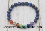 CGB6337 8mm blue tiger eye 7 chakra beaded mala stretchy bracelets