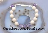 CGB6647 10mm round white fossil jasper & amethyst adjustable bracelets