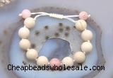 CGB6721 12mm round white fossil jasper & pink opal adjustable bracelets