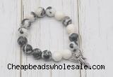 CGB6884 10mm, 12mm black & white jasper beaded bracelet with alloy pendant