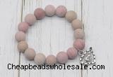 CGB6900 10mm, 12mm matte pink wooden jasper beaded bracelet with alloy pendant