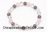 CGB8001 8mm white crystal, rose quartz & smoky quartz beaded stretchy bracelets