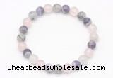 CGB8003 8mm black rutilated quartz, dogtooth amethyst & rose quartz beaded stretchy bracelets