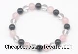 CGB8004 8mm black agate, white crystal & rose quartz beaded stretchy bracelets