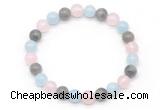 CGB8006 8mm aquamarine, labradorite & rose quartz beaded stretchy bracelets