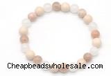 CGB8015 8mm white jade, white fossil jasper & sunstone beaded stretchy bracelets