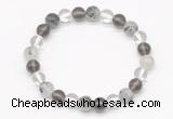 CGB8018 8mm white crystal, black rutilated quartz & smoky quartz beaded stretchy bracelets