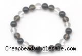 CGB8021 8mm white crystal, smoky quartz & black agate beaded stretchy bracelets