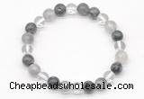 CGB8022 8mm white crystal, cloudy quartz & black labradorite beaded stretchy bracelets