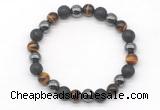 CGB8042 8mm black lava, hematite & yellow tiger eye beaded stretchy bracelets